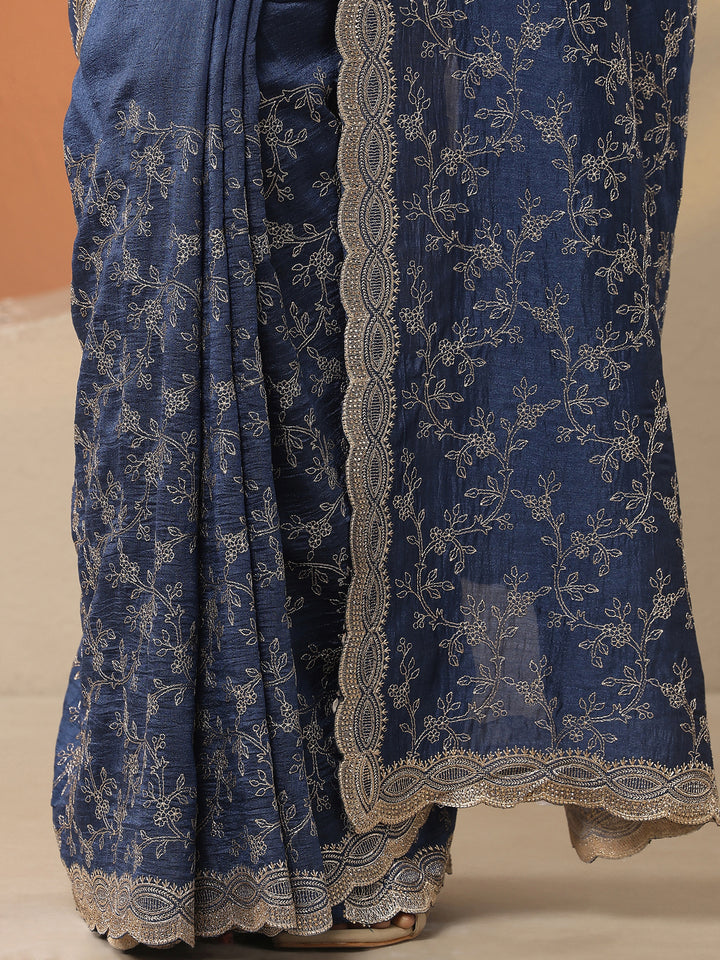 Navy Blue Embroidered Silk Blend Saree With Unstitched Blouse Piece