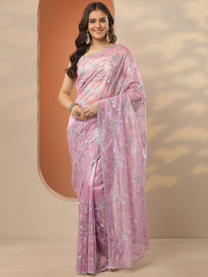 Lavender Embroidered Nylon Saree With Unstitched Blouse Piece