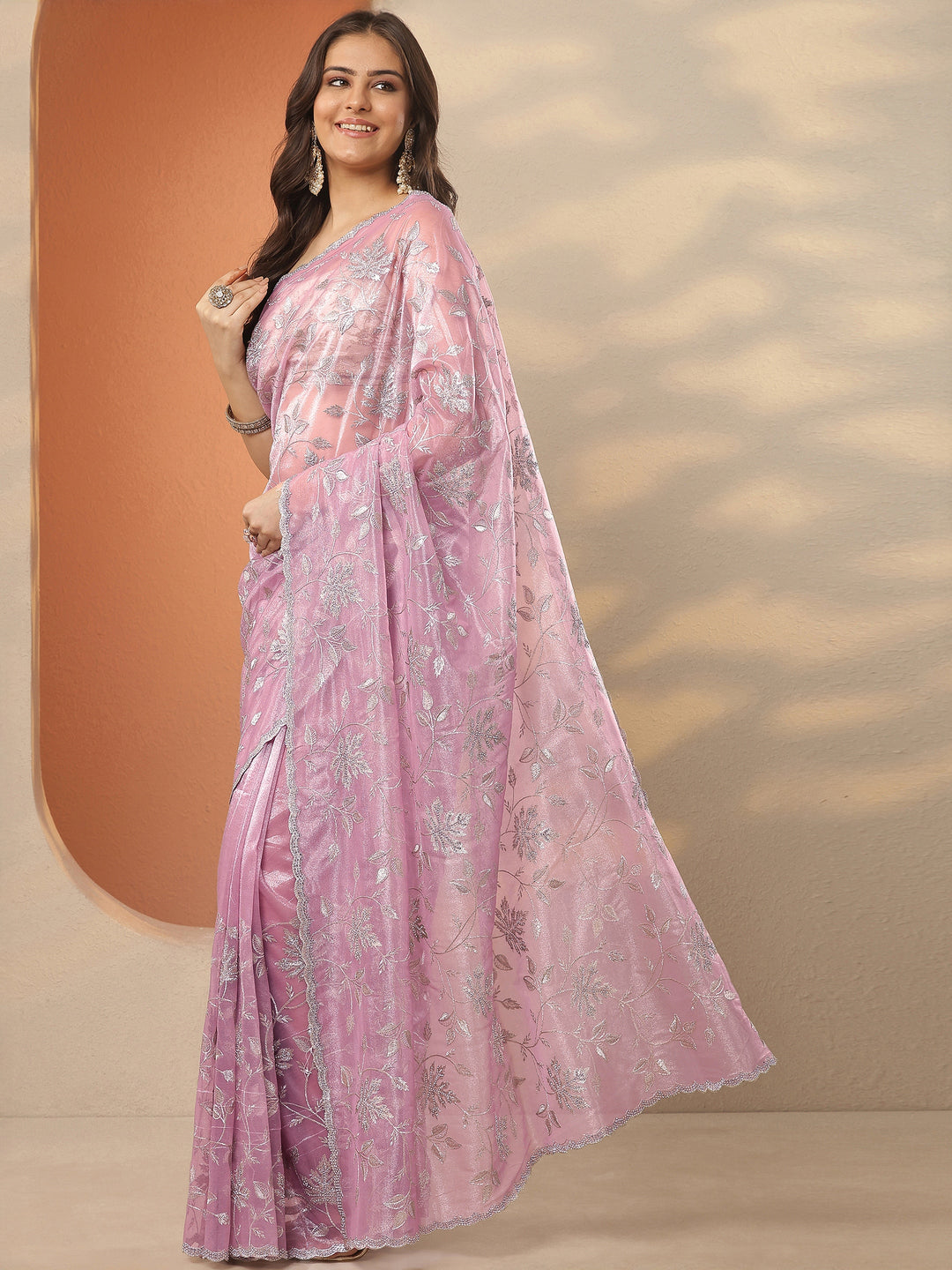 Lavender Embroidered Nylon Saree With Unstitched Blouse Piece