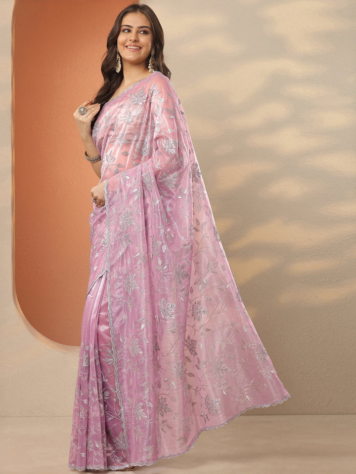 Lavender Embroidered Nylon Saree With Unstitched Blouse Piece