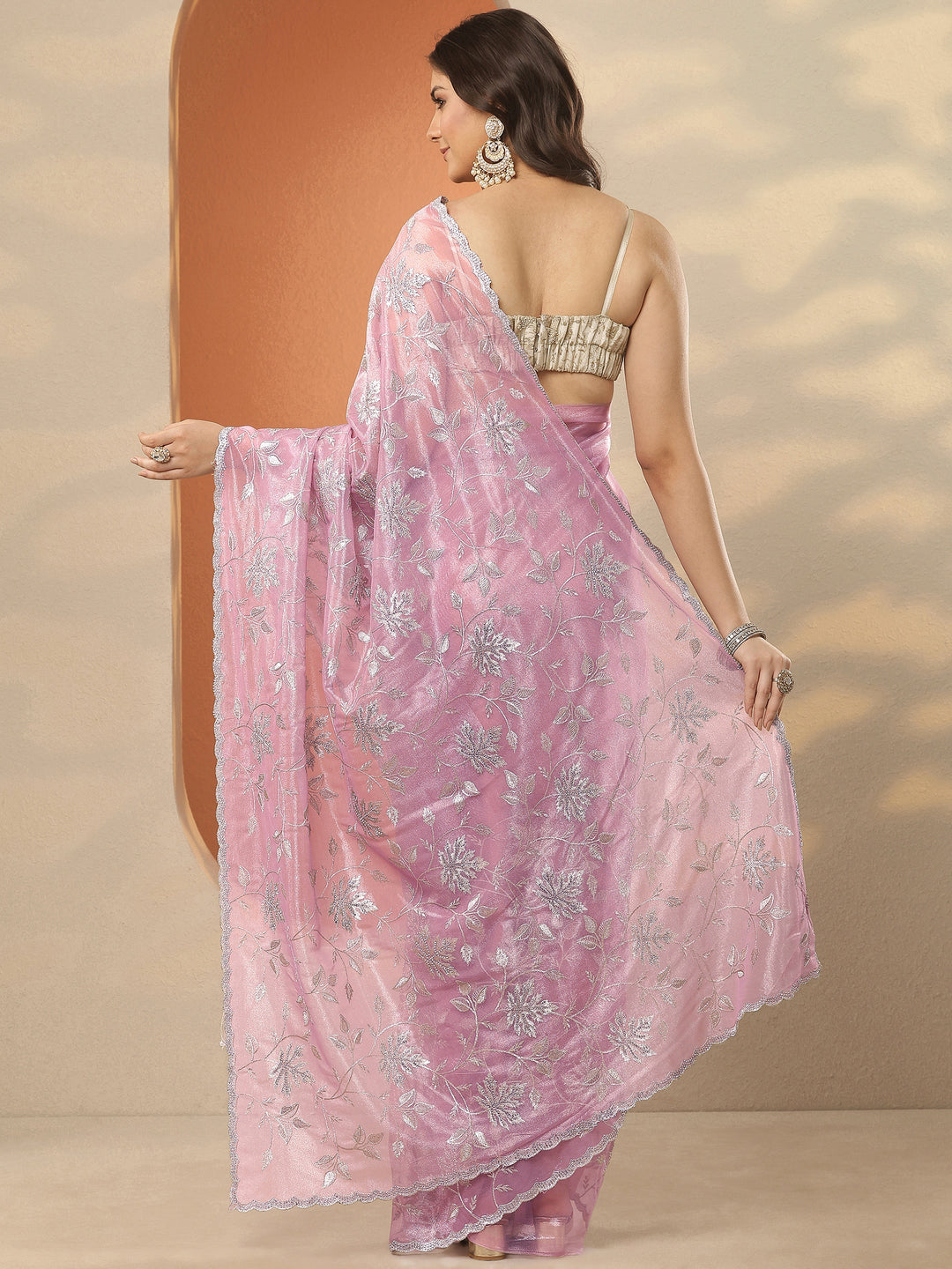 Lavender Embroidered Nylon Saree With Unstitched Blouse Piece