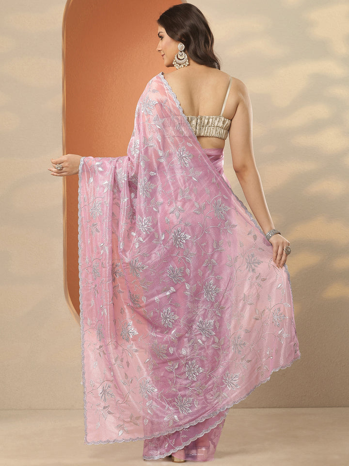 Lavender Embroidered Nylon Saree With Unstitched Blouse Piece
