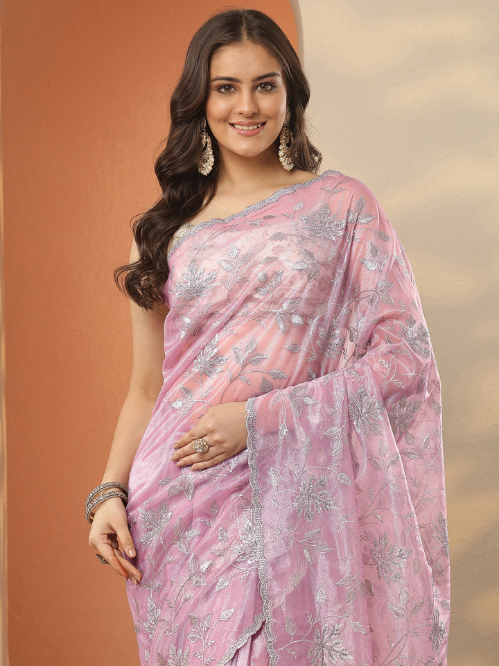 Lavender Embroidered Nylon Saree With Unstitched Blouse Piece