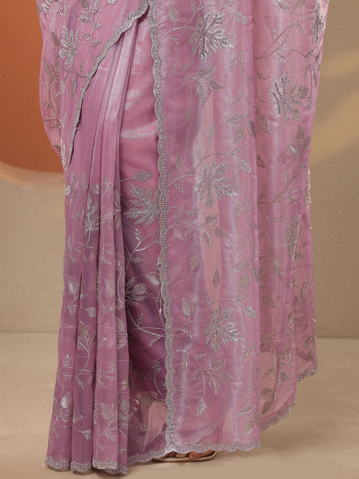 Lavender Embroidered Nylon Saree With Unstitched Blouse Piece