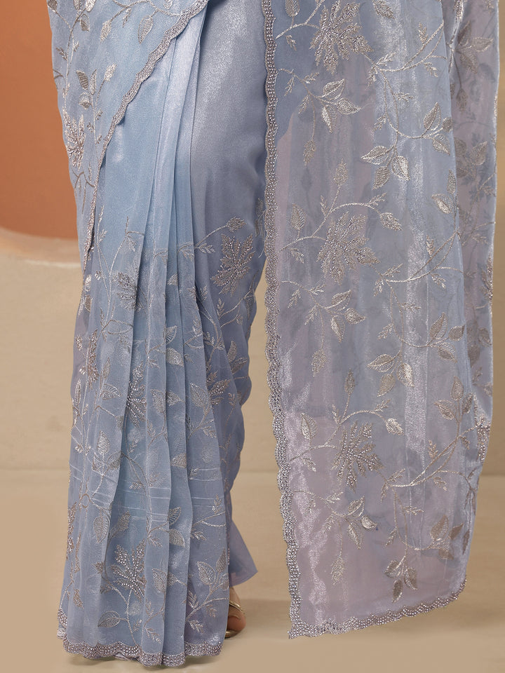 Blue Embroidered Nylon Saree With Unstitched Blouse Piece