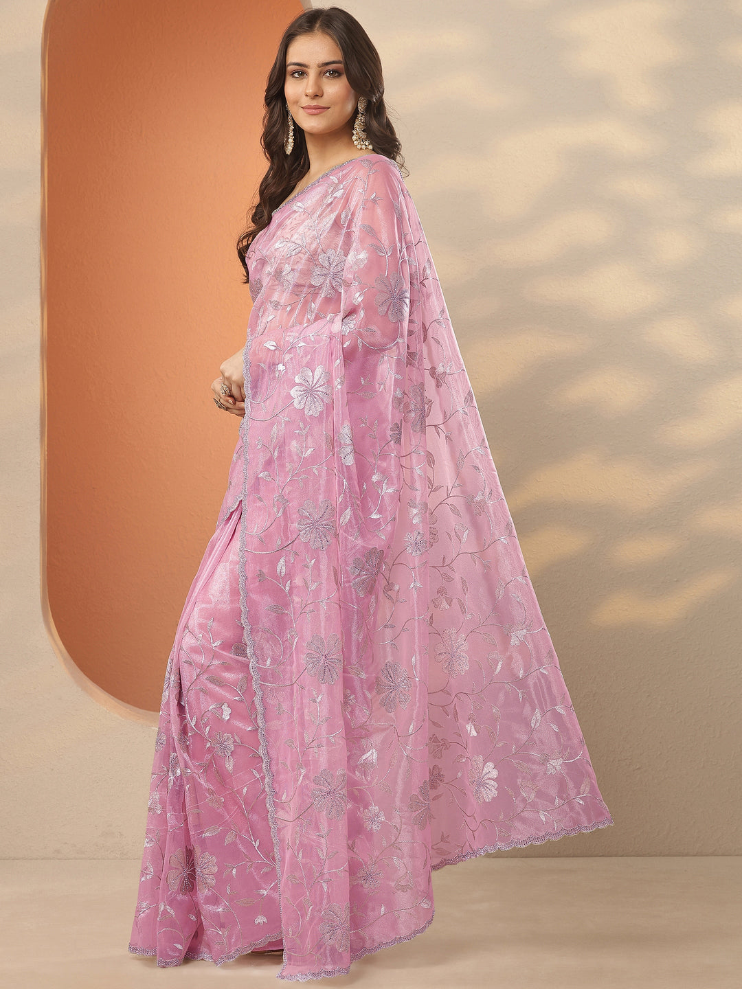 Pink Embroidered Nylon Saree With Unstitched Blouse Piece