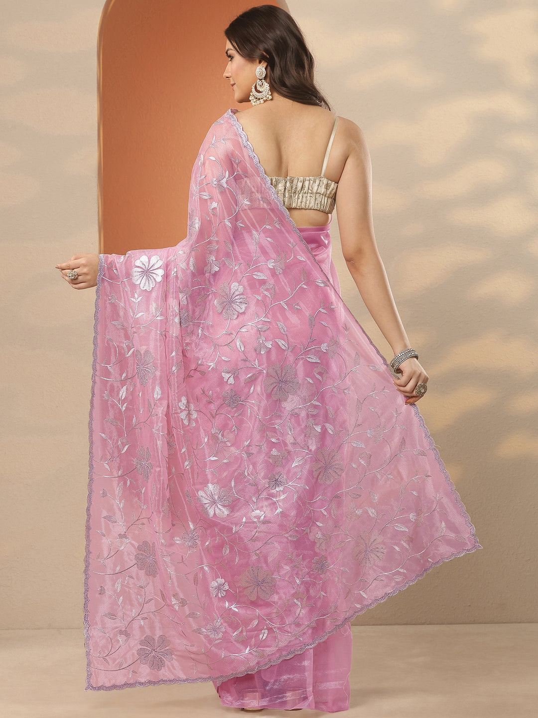 Pink Embroidered Nylon Saree With Unstitched Blouse Piece