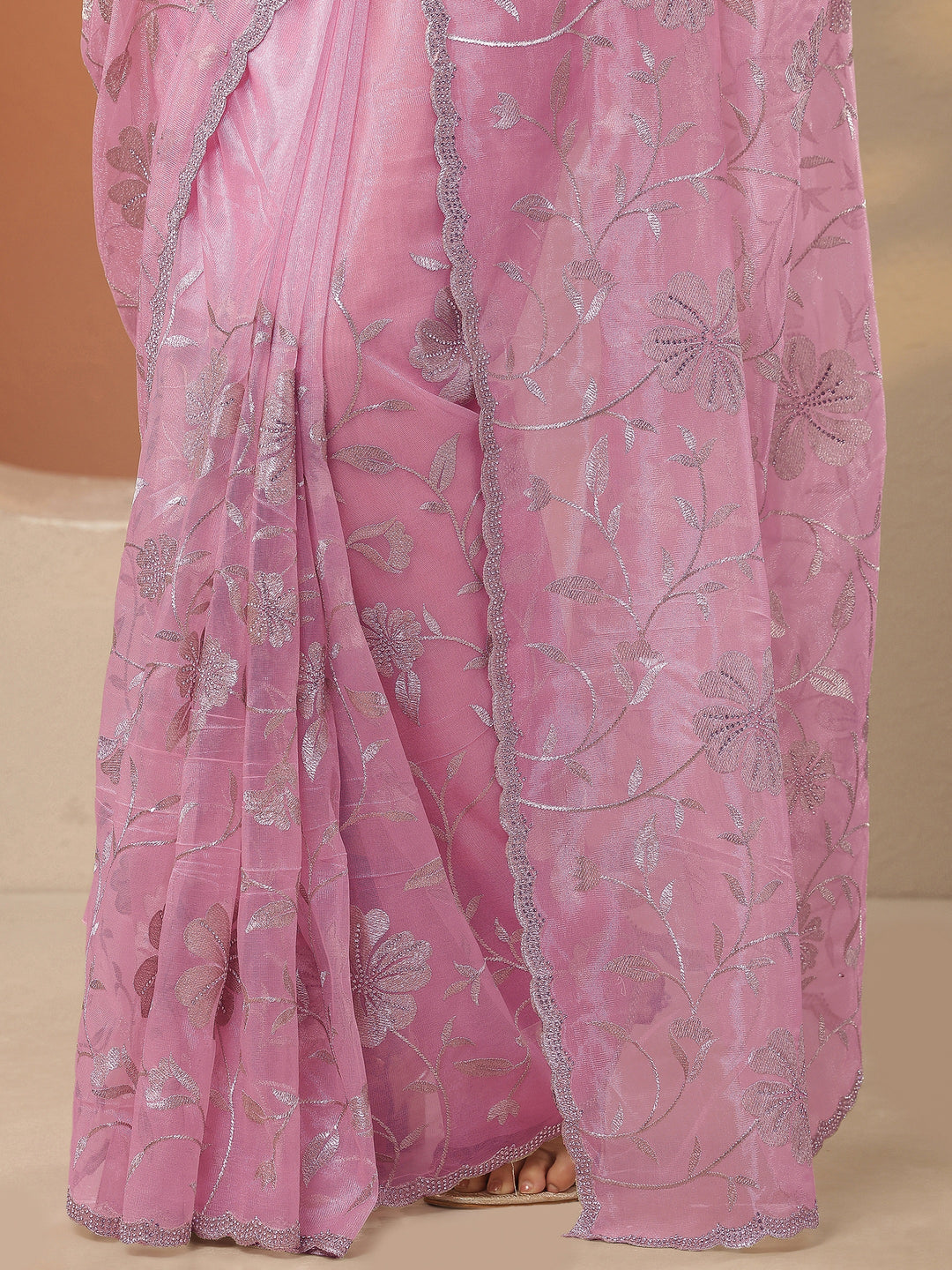 Pink Embroidered Nylon Saree With Unstitched Blouse Piece