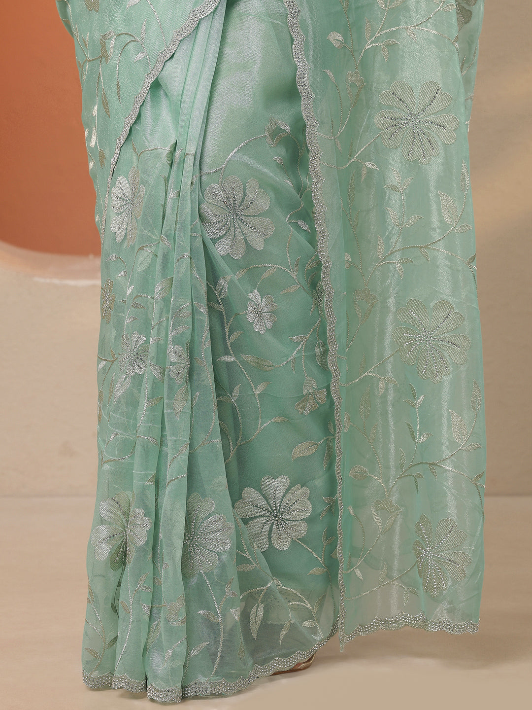 Green Embroidered Nylon Saree With Unstitched Blouse Piece