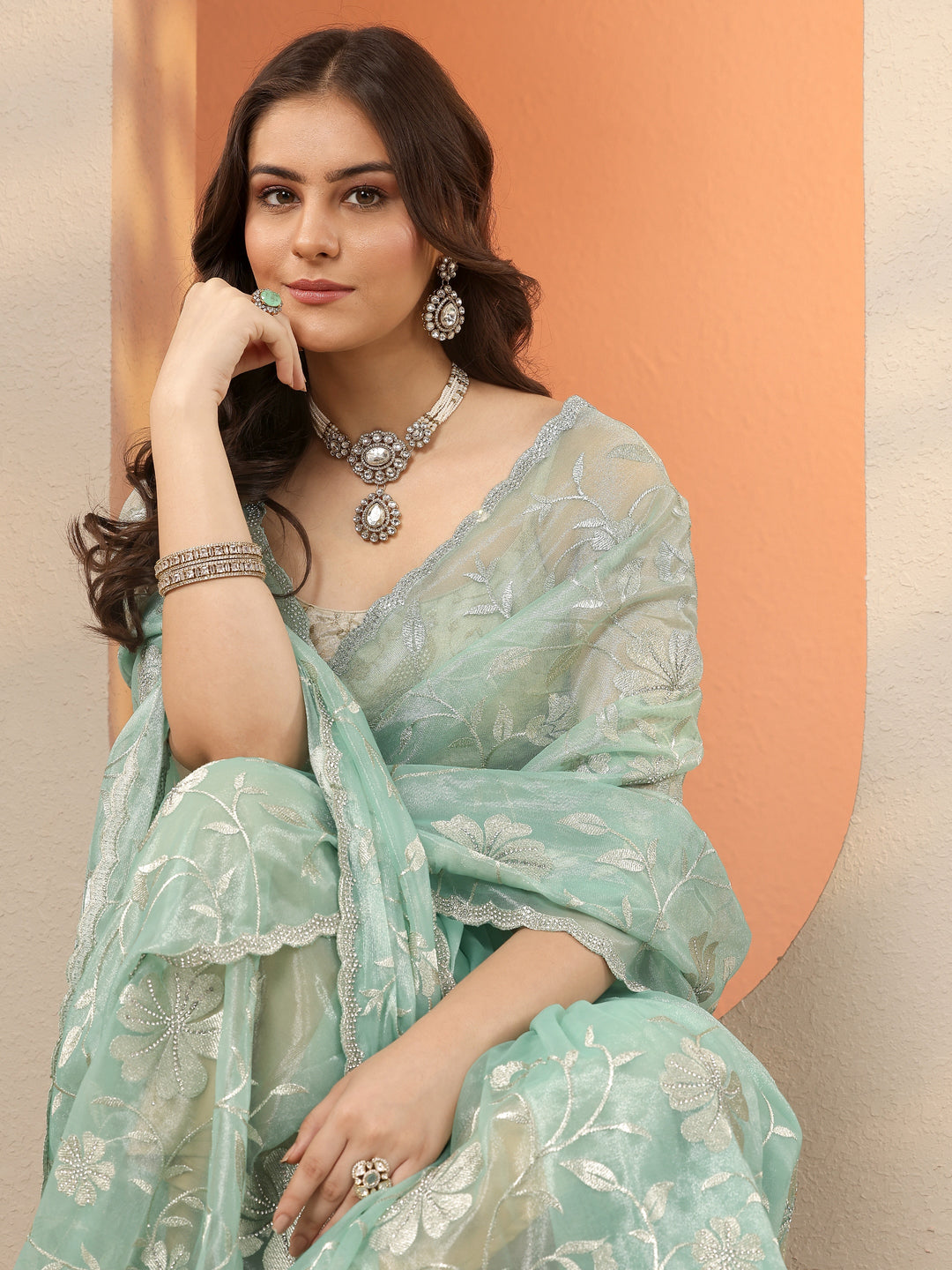 Green Embroidered Nylon Saree With Unstitched Blouse Piece