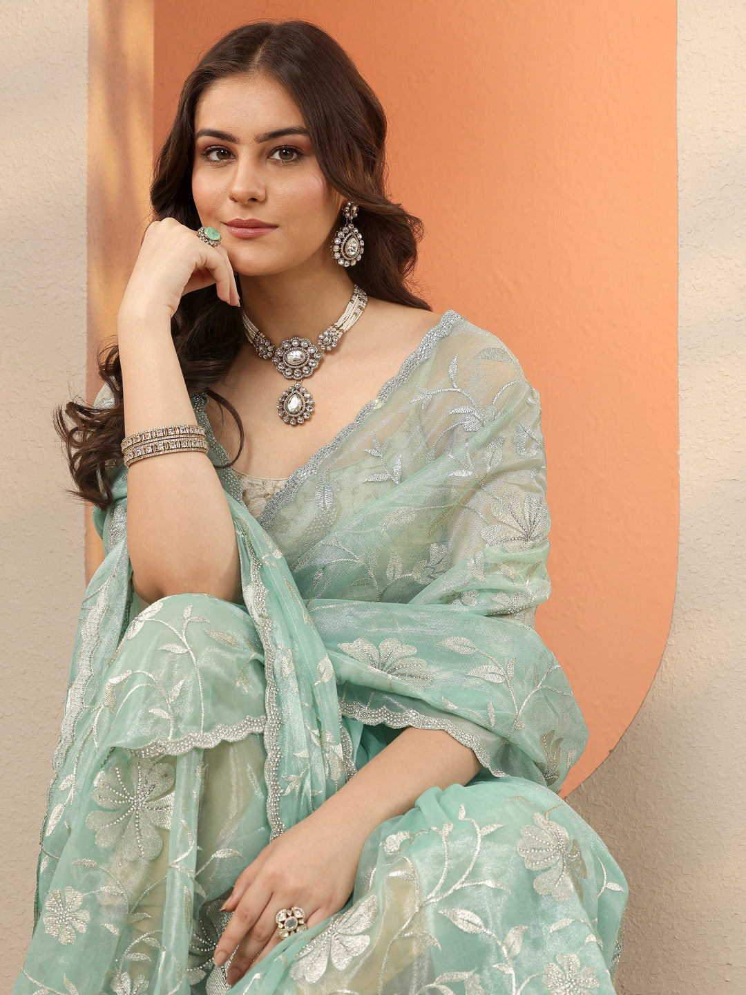 Green Embroidered Nylon Saree With Unstitched Blouse Piece