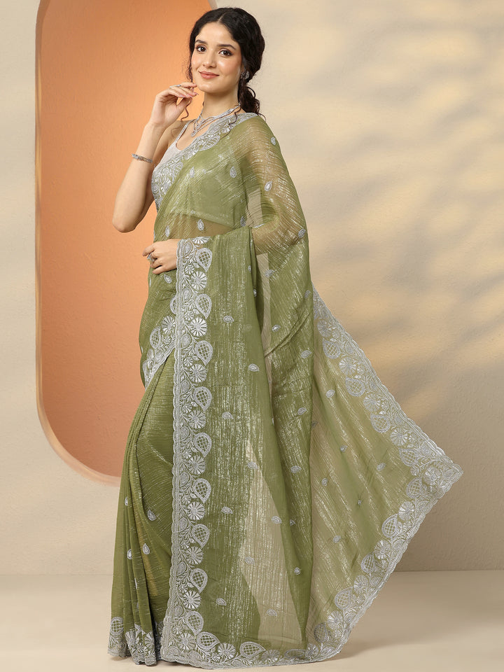 Green Embroidered Organza Saree With Unstitched Blouse Piece
