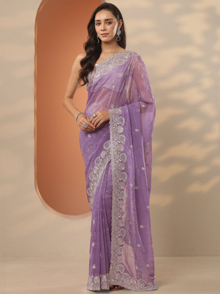 Lavender Embroidered Organza Saree With Unstitched Blouse Piece