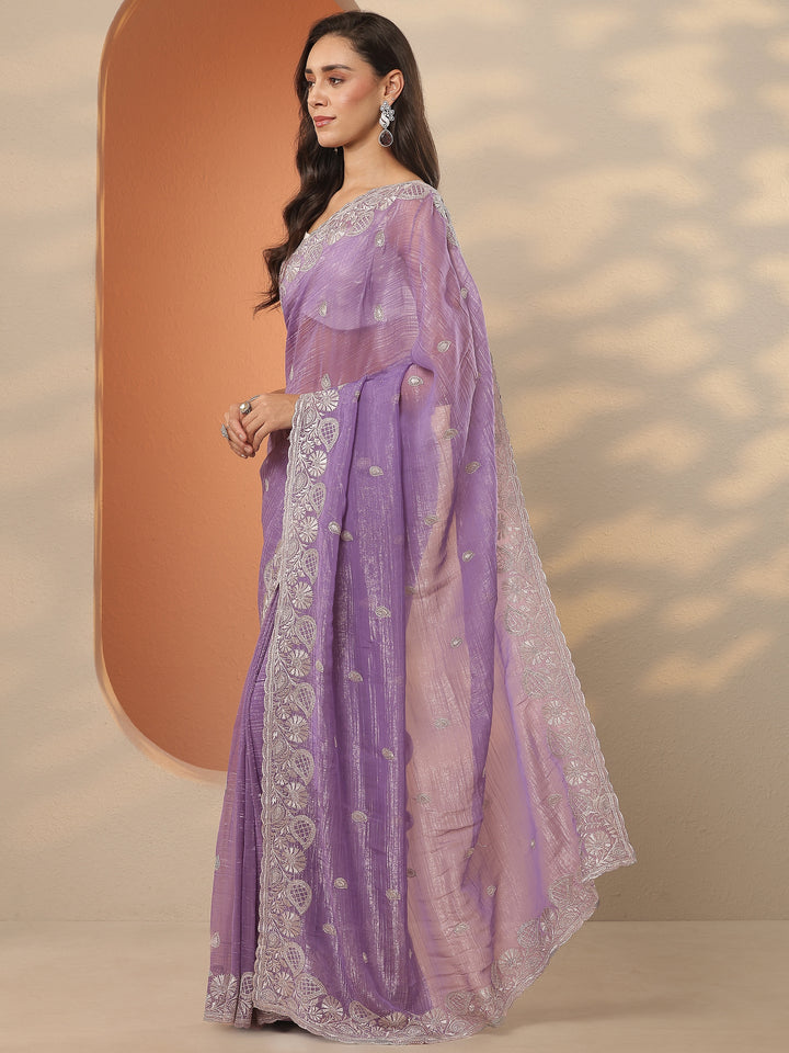 Lavender Embroidered Organza Saree With Unstitched Blouse Piece