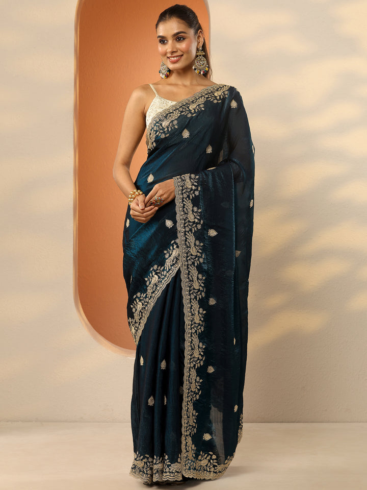 Teal Embroidered Organza Saree With Unstitched Blouse Piece