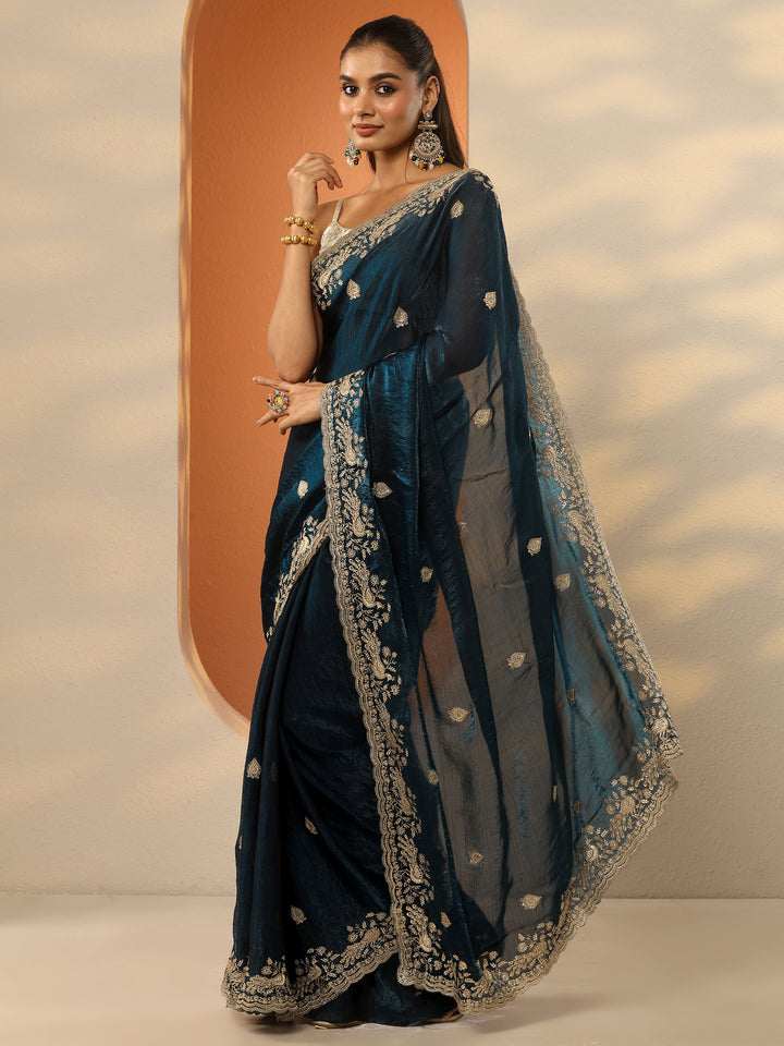 Teal Embroidered Organza Saree With Unstitched Blouse Piece