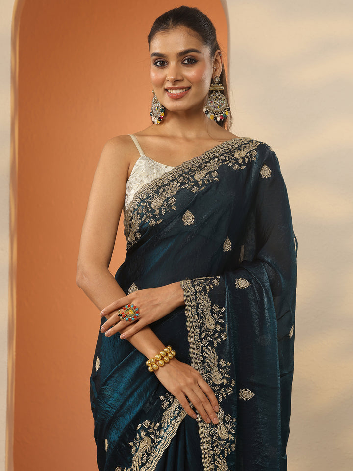Teal Embroidered Organza Saree With Unstitched Blouse Piece