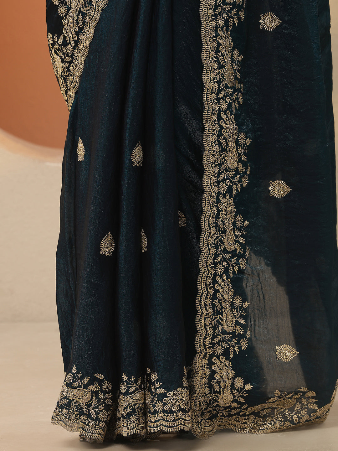 Teal Embroidered Organza Saree With Unstitched Blouse Piece