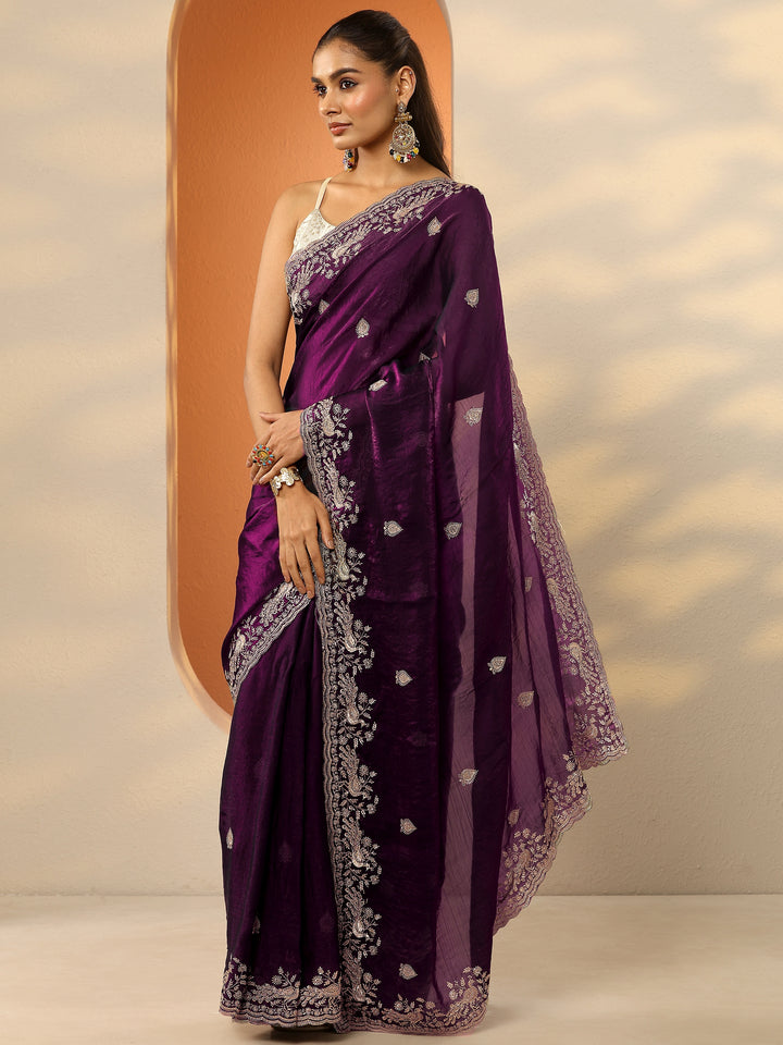 Magenta Embroidered Organza Saree With Unstitched Blouse Piece