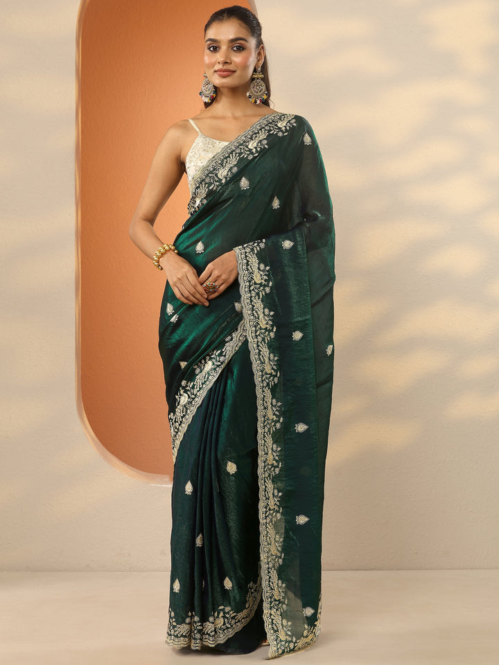 Green Embroidered Organza Saree With Unstitched Blouse Piece