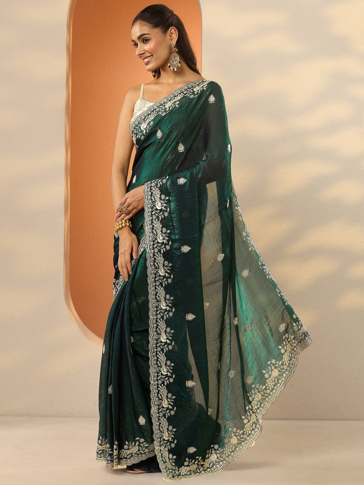 Green Embroidered Organza Saree With Unstitched Blouse Piece