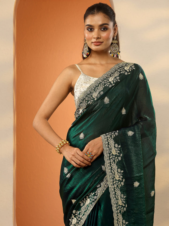 Green Embroidered Organza Saree With Unstitched Blouse Piece