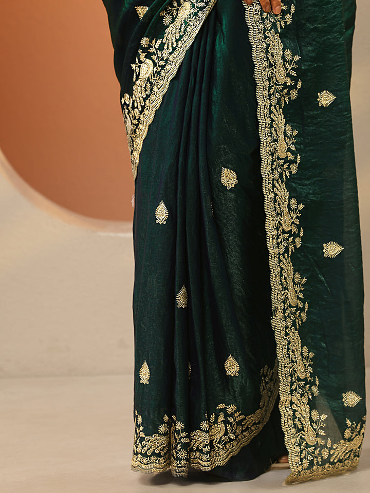 Green Embroidered Organza Saree With Unstitched Blouse Piece