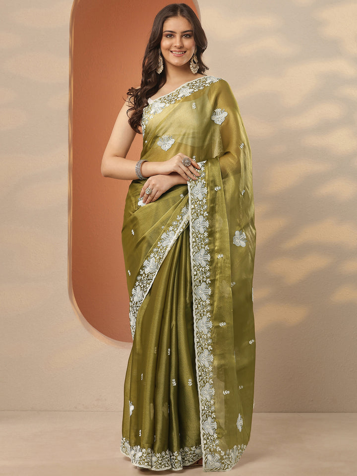 Green Embroidered Organza Saree With Unstitched Blouse Piece