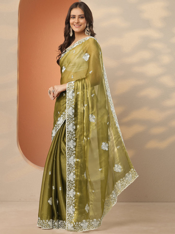 Green Embroidered Organza Saree With Unstitched Blouse Piece