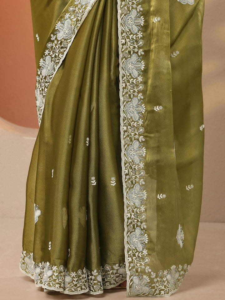 Green Embroidered Organza Saree With Unstitched Blouse Piece