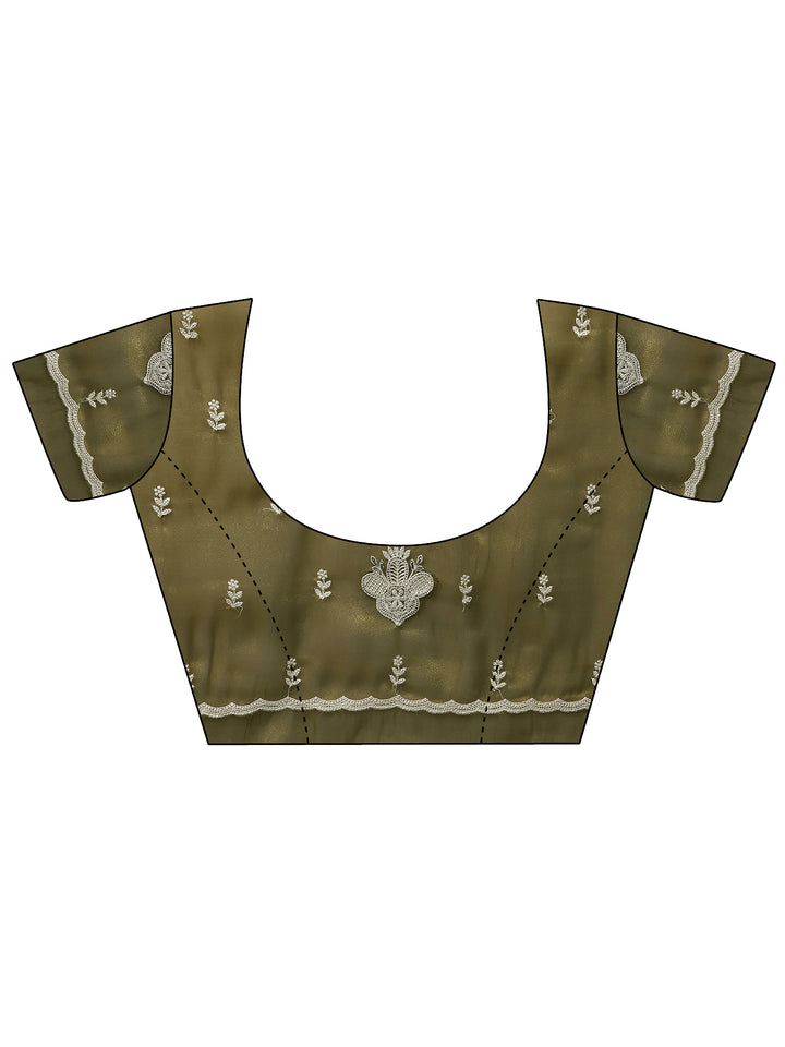 Green Embroidered Organza Saree With Unstitched Blouse Piece