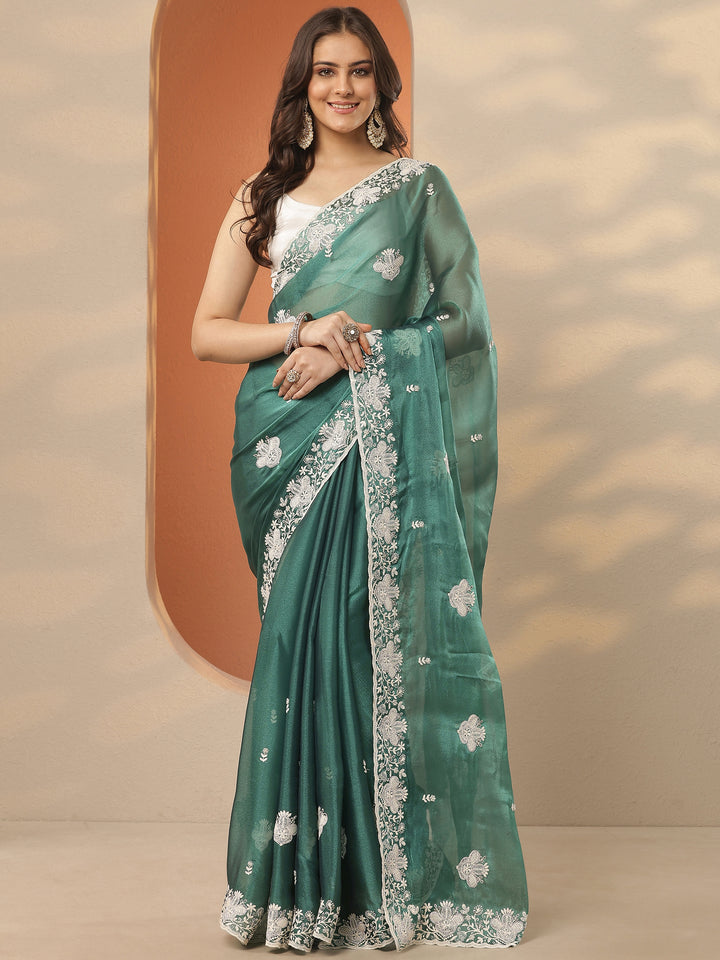 Green Embroidered Organza Saree With Unstitched Blouse Piece