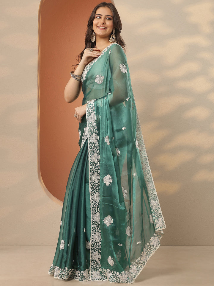 Green Embroidered Organza Saree With Unstitched Blouse Piece