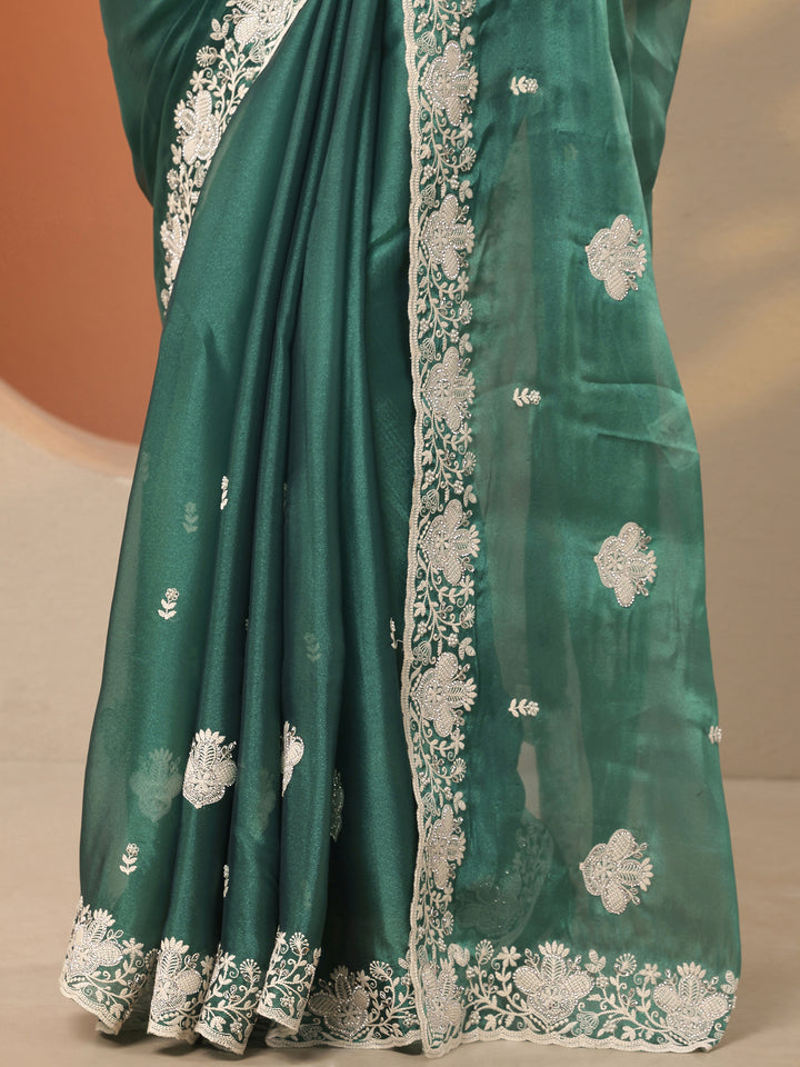 Green Embroidered Organza Saree With Unstitched Blouse Piece
