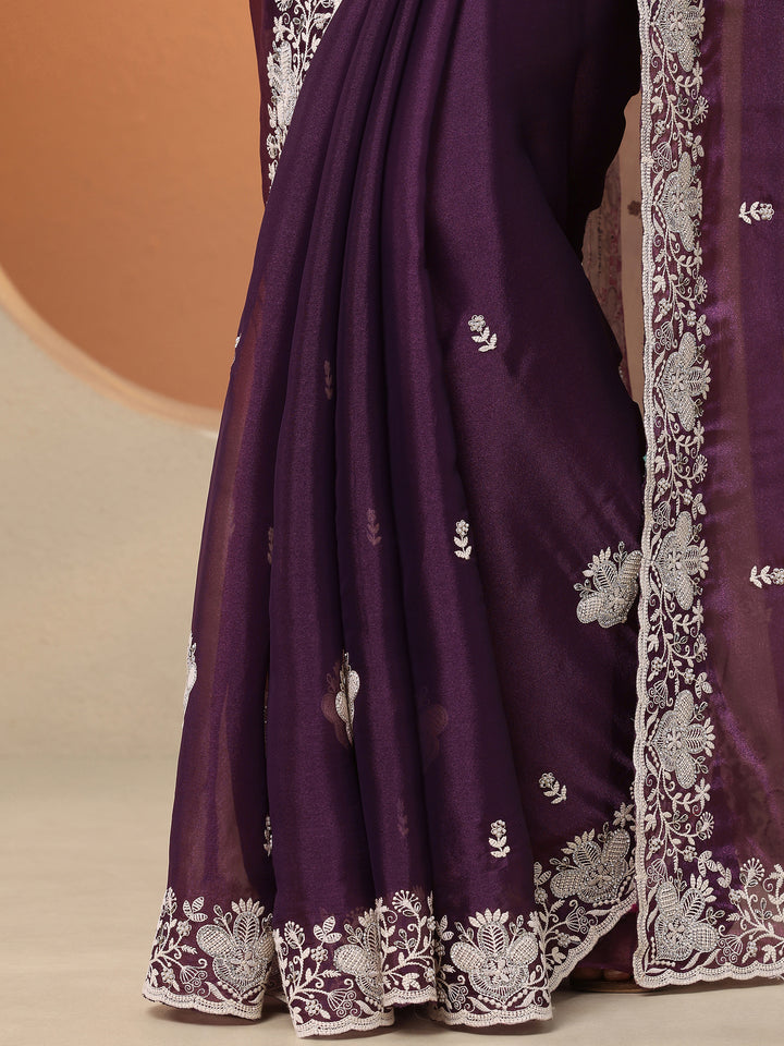 Burgundy Embroidered Organza Saree With Unstitched Blouse Piece