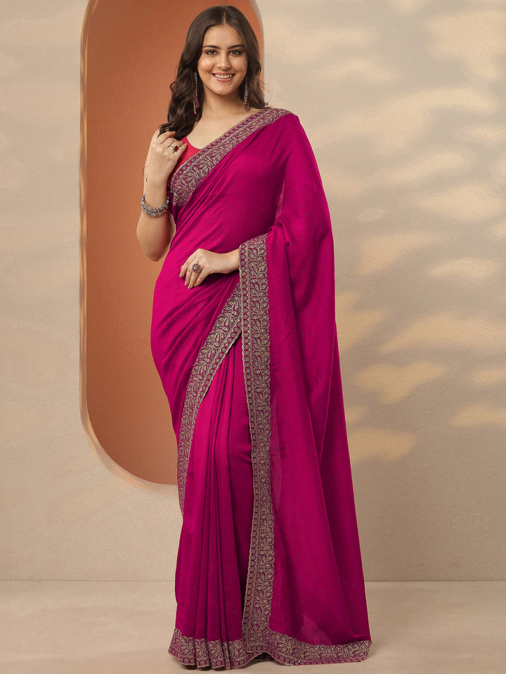 Pink Embellished Silk Blend Saree With Unstitched Blouse Piece