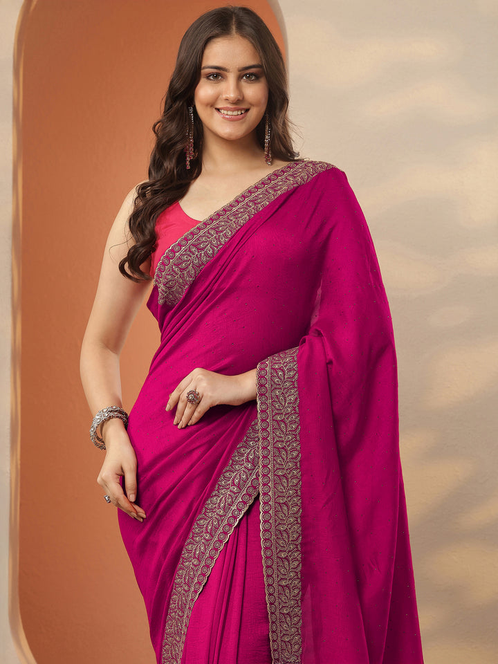 Pink Embellished Silk Blend Saree With Unstitched Blouse Piece