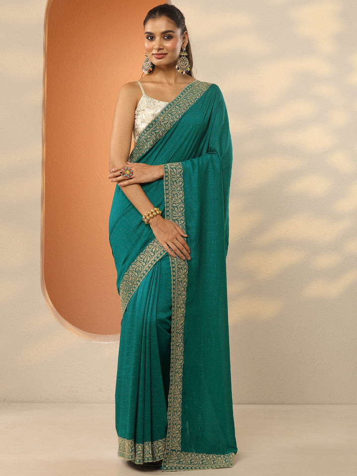 Green Embellished Silk Blend Saree With Unstitched Blouse Piece