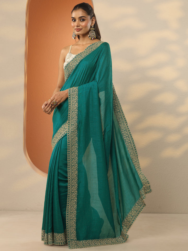 Green Embellished Silk Blend Saree With Unstitched Blouse Piece