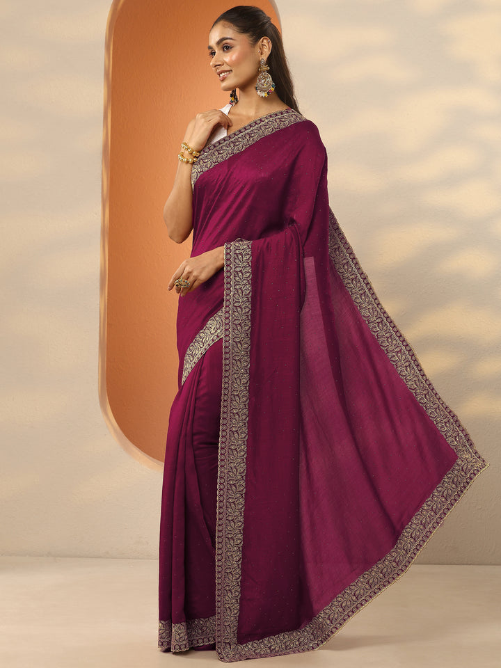 Maroon Embellished Silk Blend Saree With Unstitched Blouse Piece