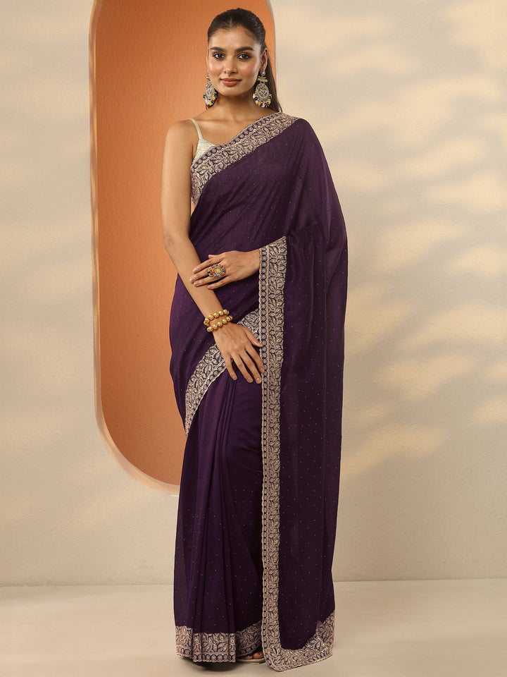Burgundy Embellished Silk Blend Saree With Unstitched Blouse Piece