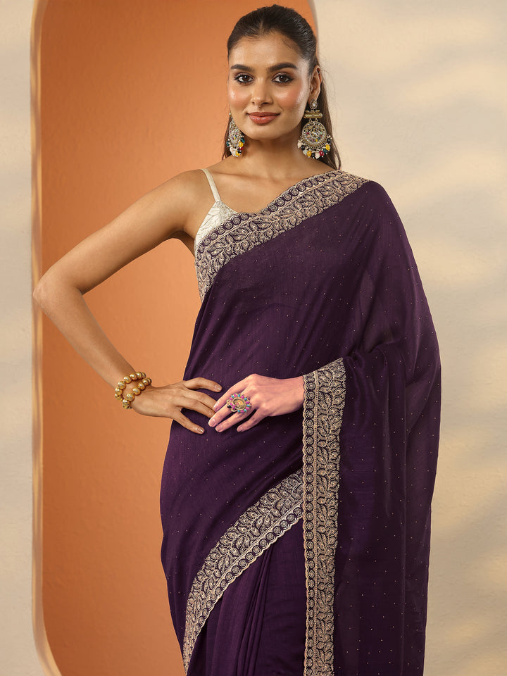 Burgundy Embellished Silk Blend Saree With Unstitched Blouse Piece