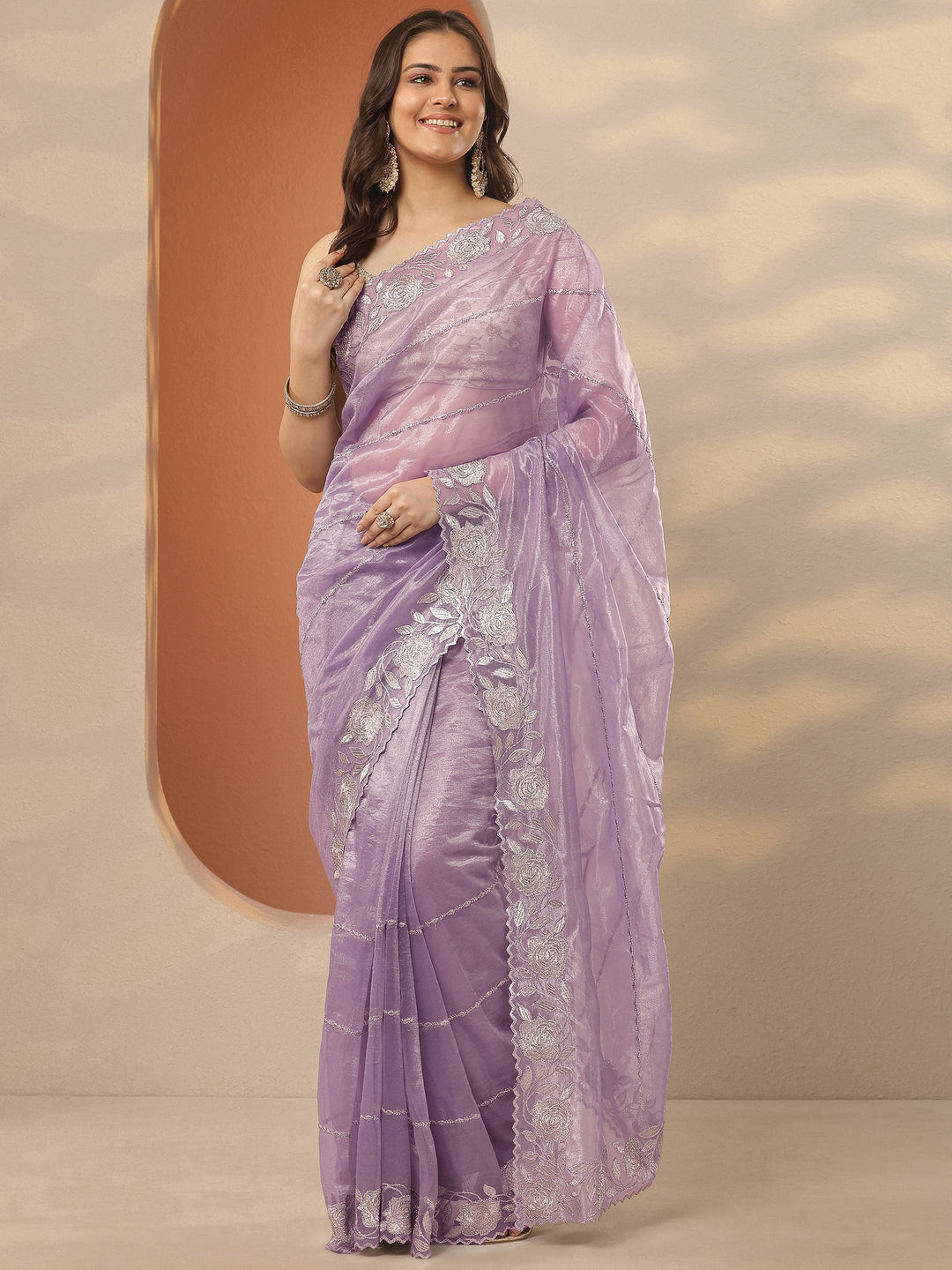Lavender Embroidered Nylon Saree With Unstitched Blouse Piece