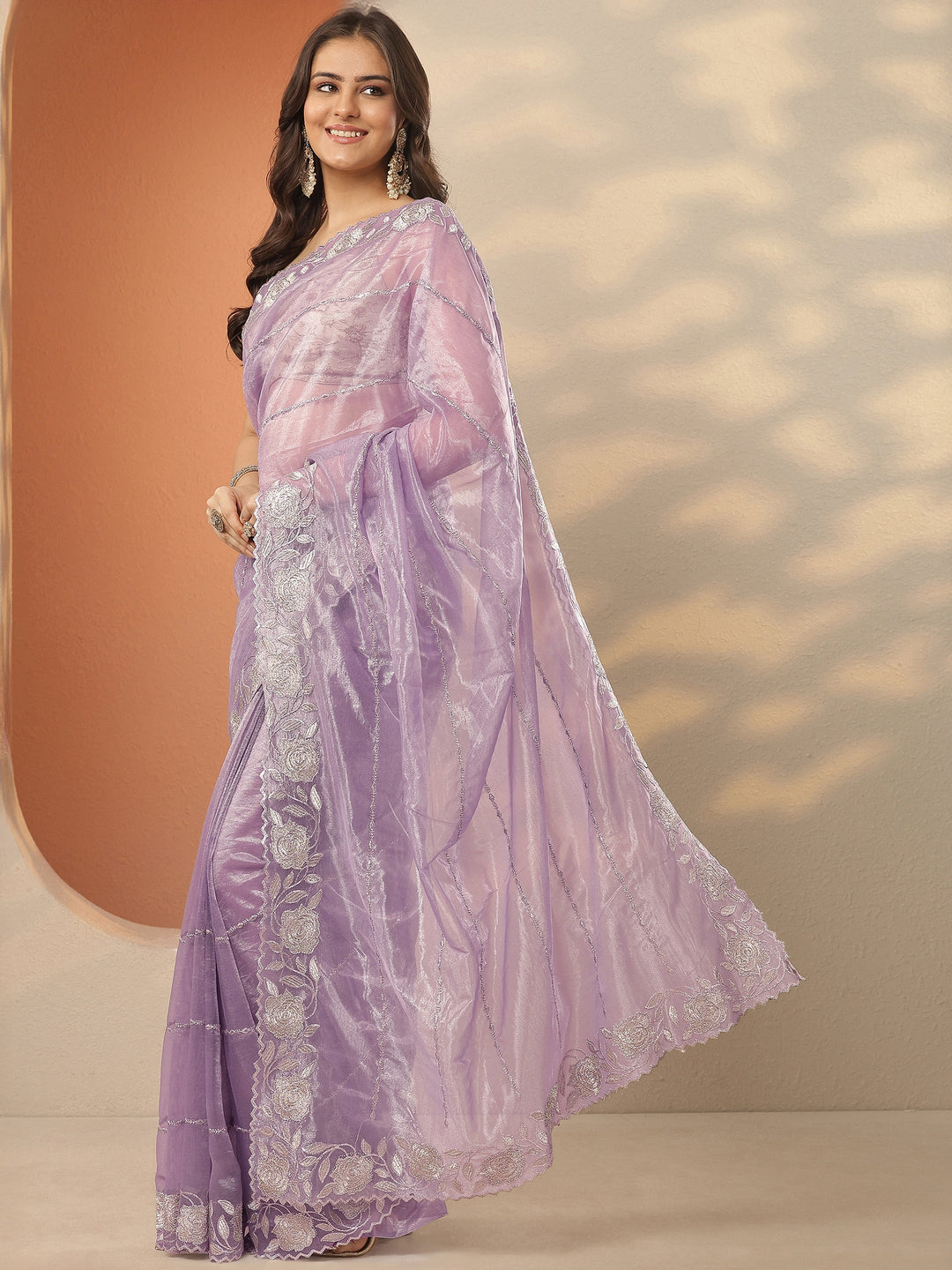 Lavender Embroidered Nylon Saree With Unstitched Blouse Piece