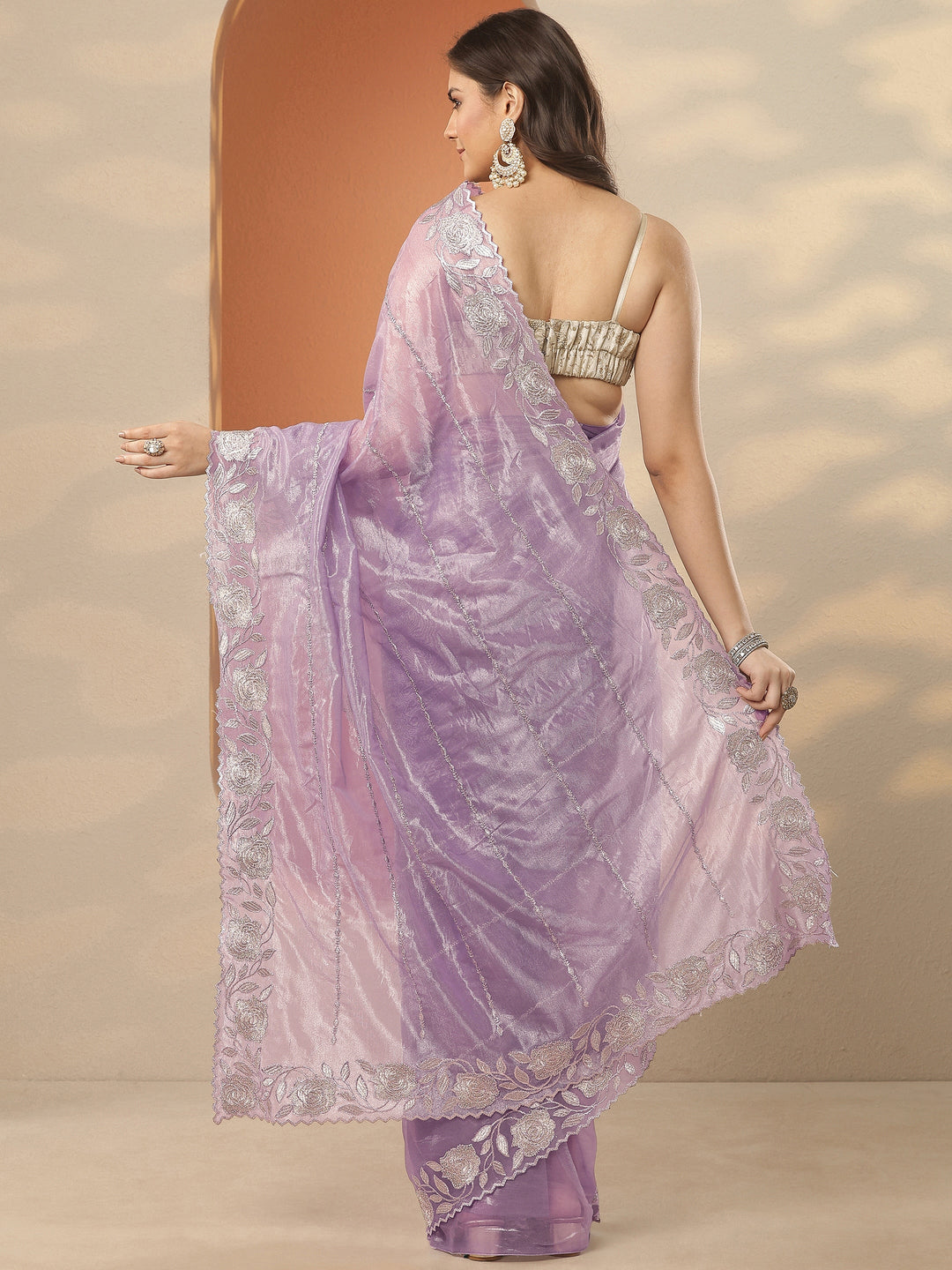 Lavender Embroidered Nylon Saree With Unstitched Blouse Piece