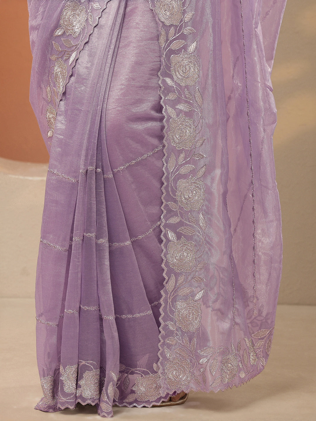 Lavender Embroidered Nylon Saree With Unstitched Blouse Piece