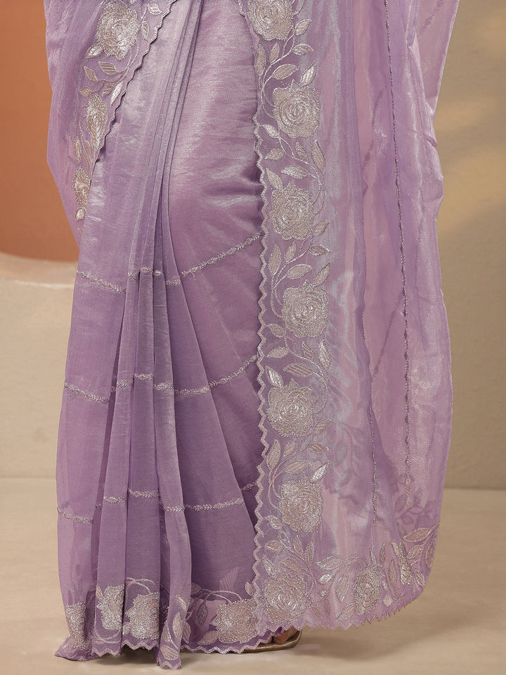 Lavender Embroidered Nylon Saree With Unstitched Blouse Piece