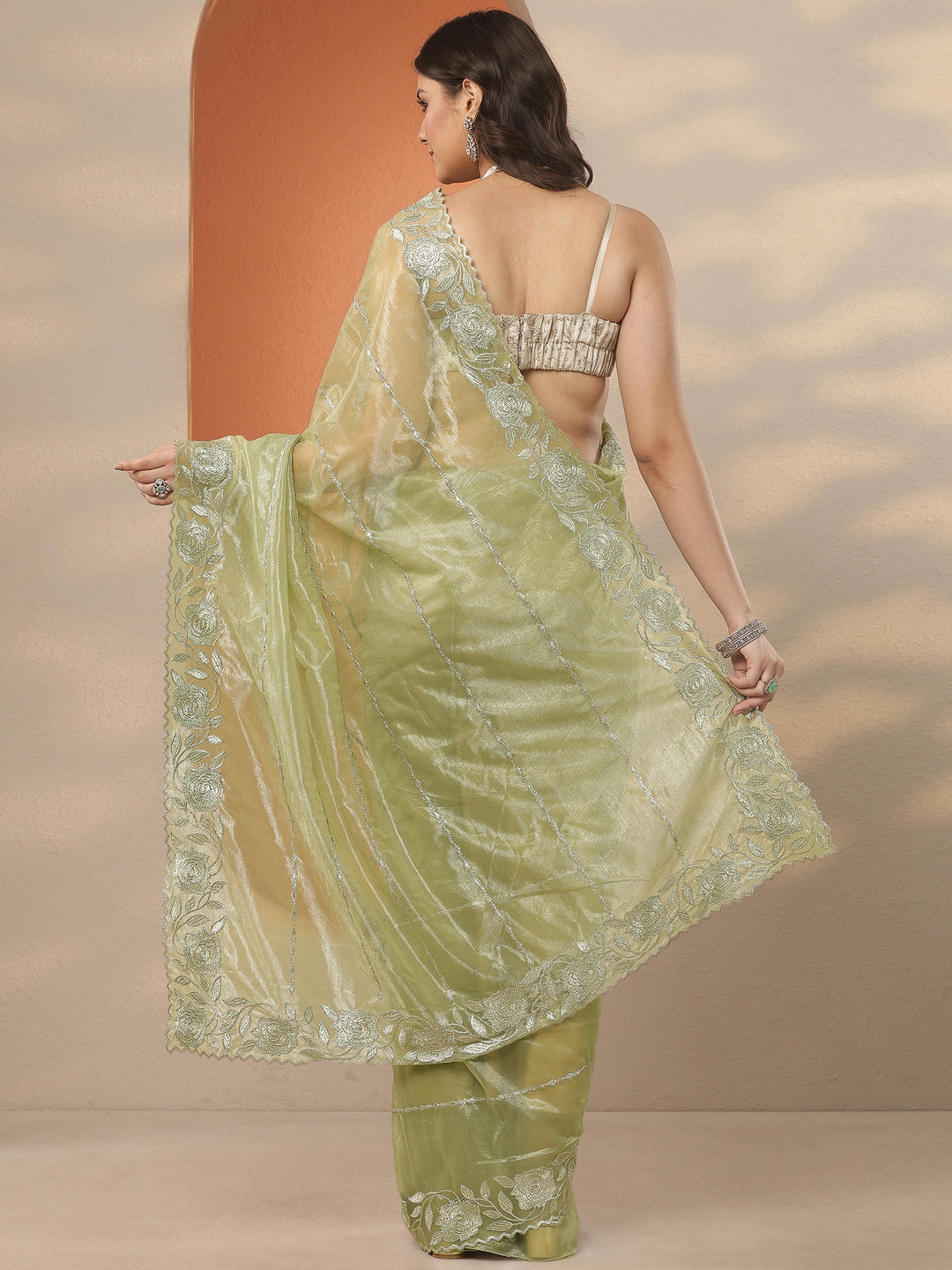 Green Embroidered Nylon Saree With Unstitched Blouse Piece