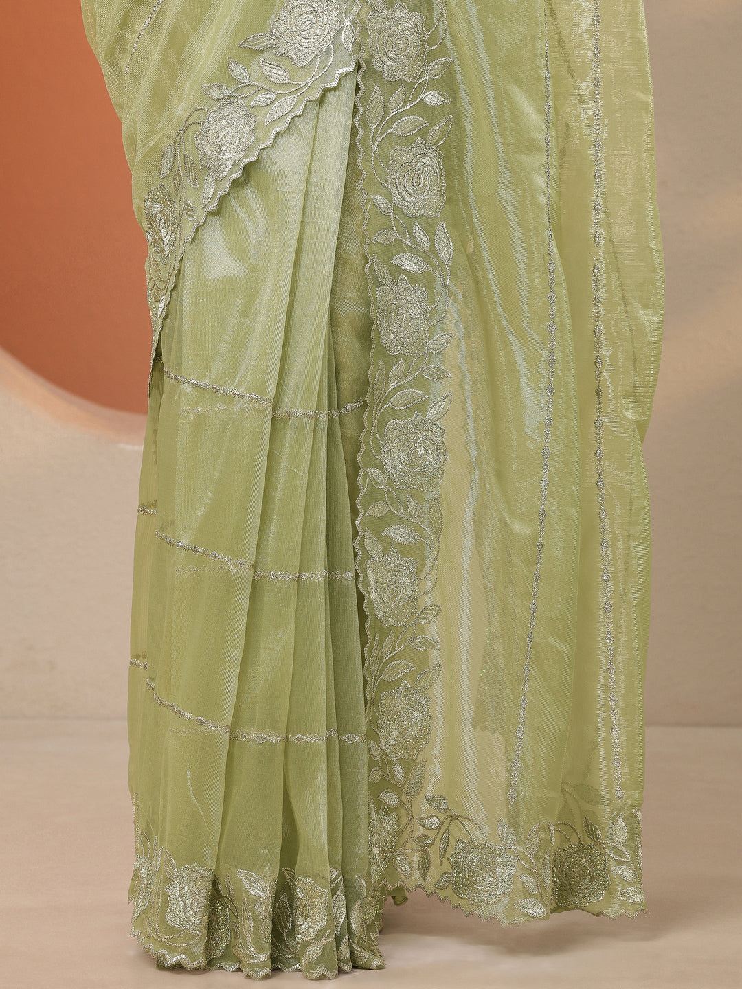 Green Embroidered Nylon Saree With Unstitched Blouse Piece