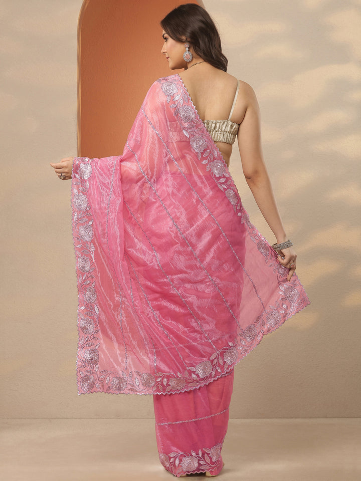 Pink Embroidered Nylon Saree With Unstitched Blouse Piece